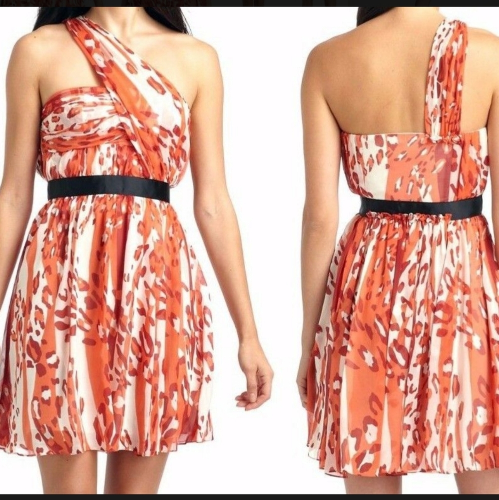 Cynthia Steffe Silk Animal Print Orange One Shoulder Fit And Flare Dress size 6